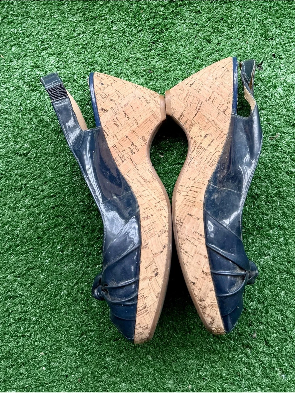 Franco Sarto Navy Blue Patent Peep-Toe Slingback Wedge Heels Women's US 8